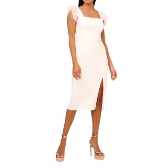 Adrianne Papell White Feather-Trimmed Midi Dress With Side Slit Sz 14 NWT - Picture 2 of 9